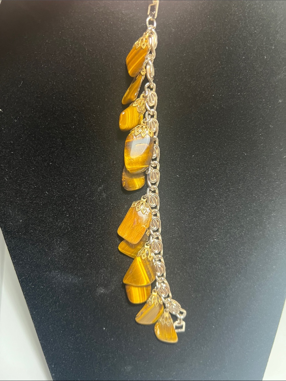 Tiger Eye Charm Bracelet - Gold Chain with Brown Tiger Eye Stones - Vintage